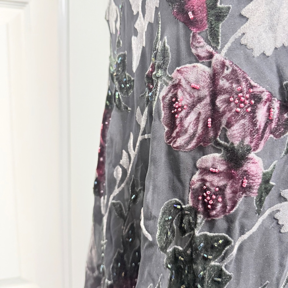 VTG Sue Wong Silk Burnout Velvet Floral Beaded Lace Maxi Dress Black Burgundy 6 - Picture 13 of 16